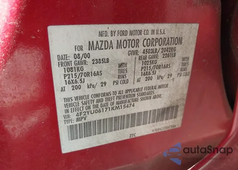 2001 Mazda Tribute Dx V6 из США, поврежденный, VIN 4F2YU06171KM15474